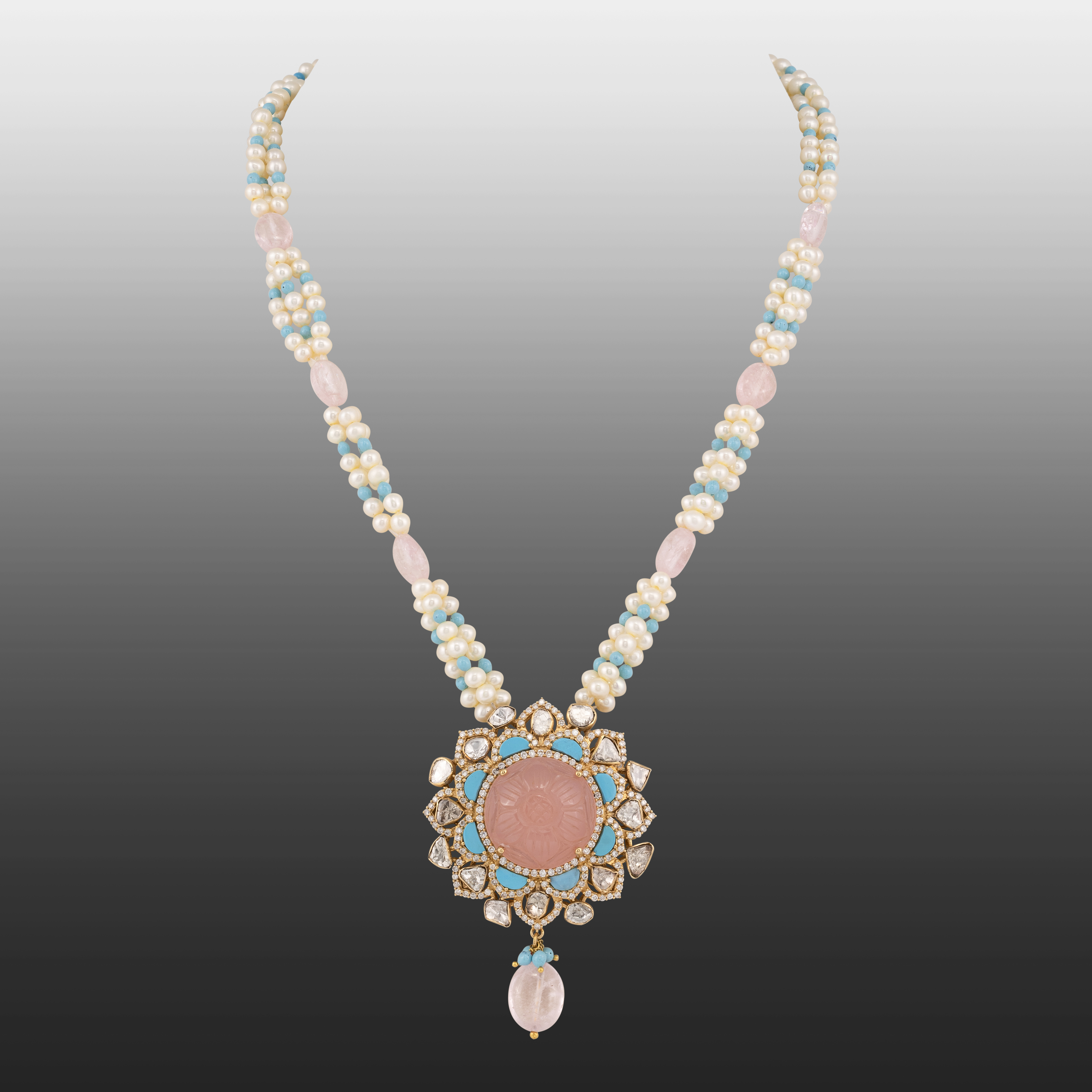 Carved Pink and Turquoise Gemstone Necklace with Polkis and Pearl